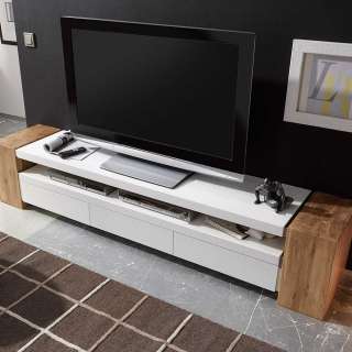 TV Lowboard in Weiß matt mit Eiche Massivholz