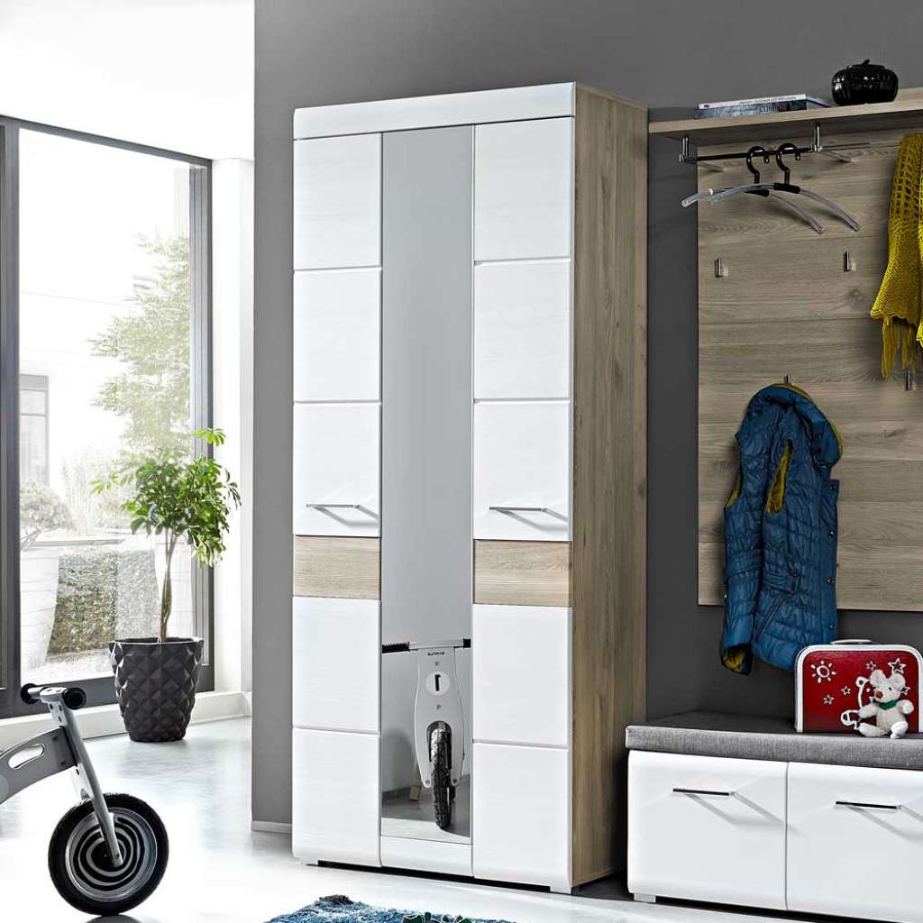 Dielenkleiderschrank in Weiß Silbereiche Spiegeltür