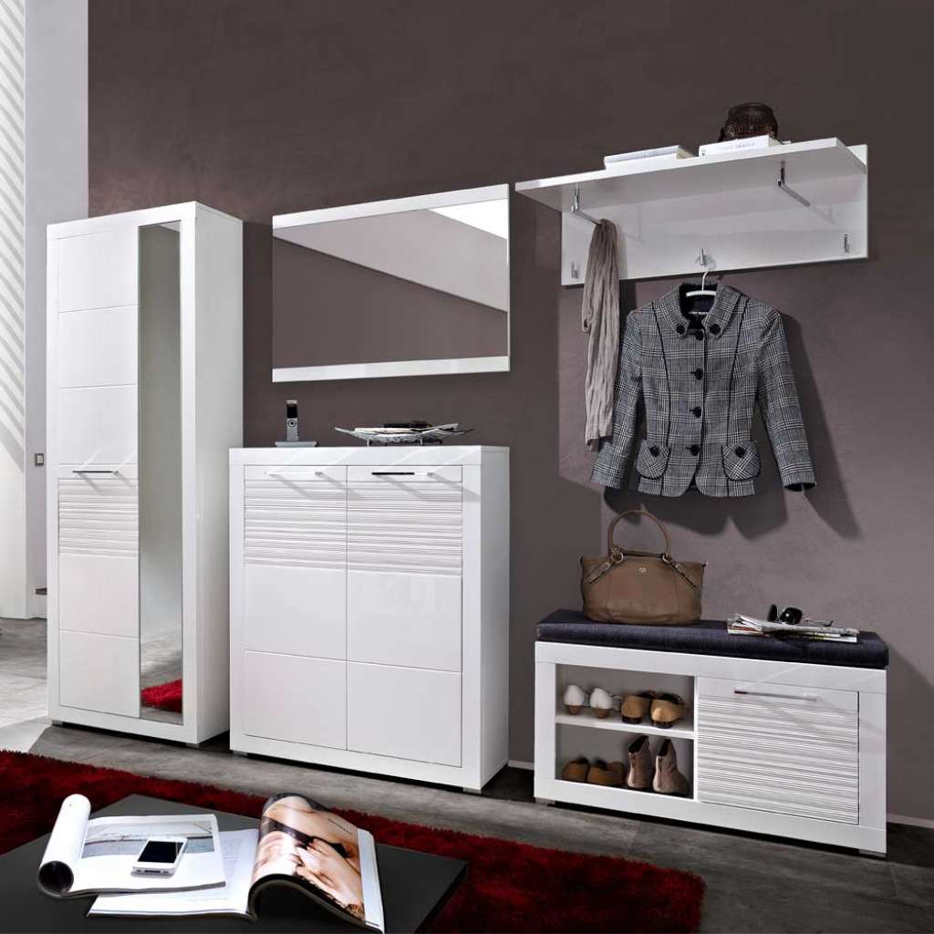 Flurmöbel Set in Weiß Hochglanz geriffelt modern (5-teilig)