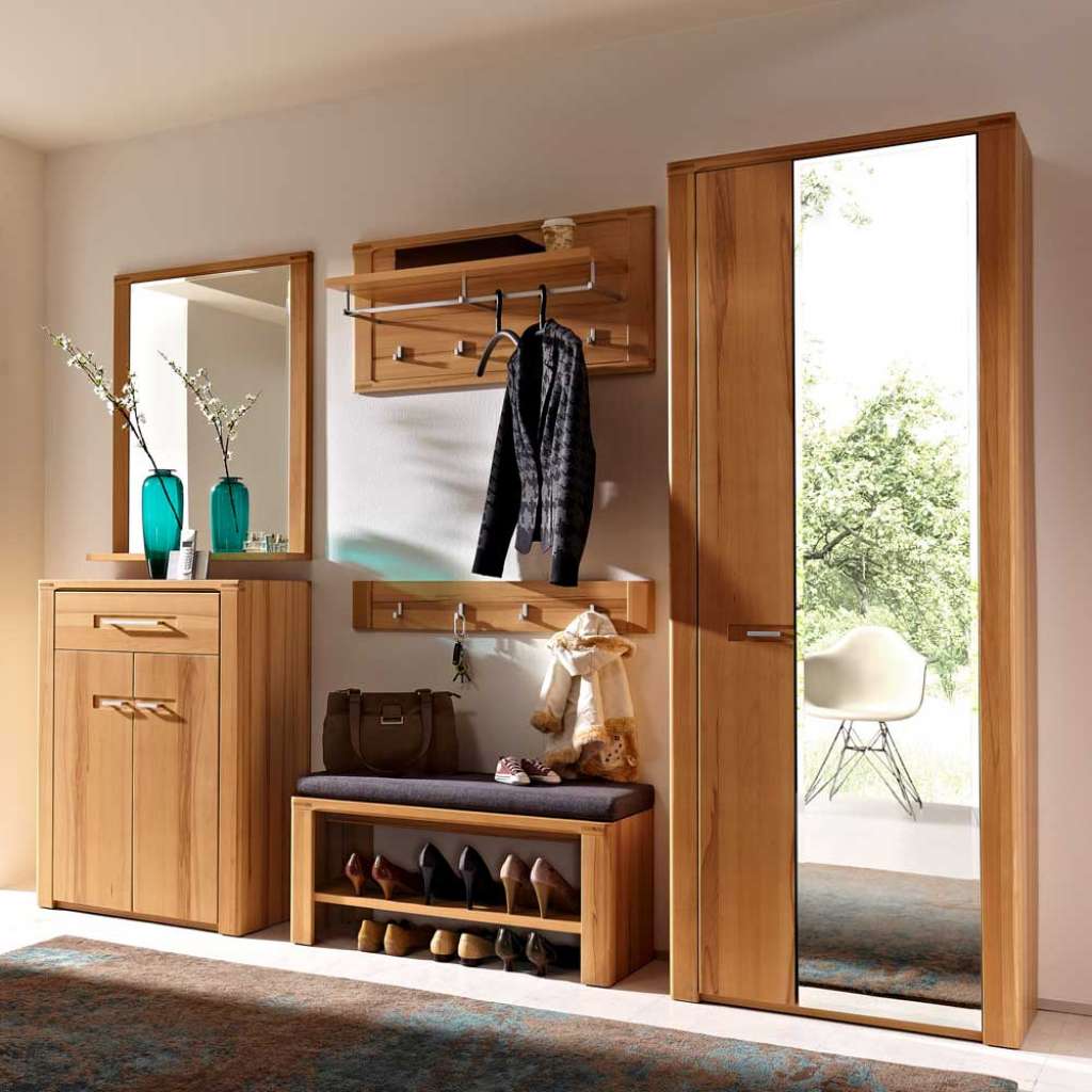 Flurgarderobenset aus Kernbuche Bank und Schuhschrank (6-teilig)