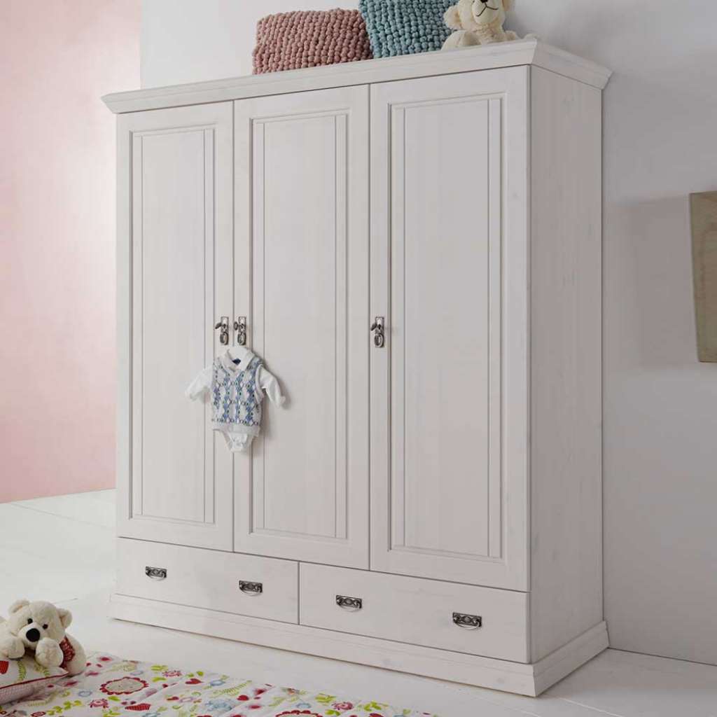Babyzimmer Kleiderschrank in Weiß abschließbar Kiefer massiv