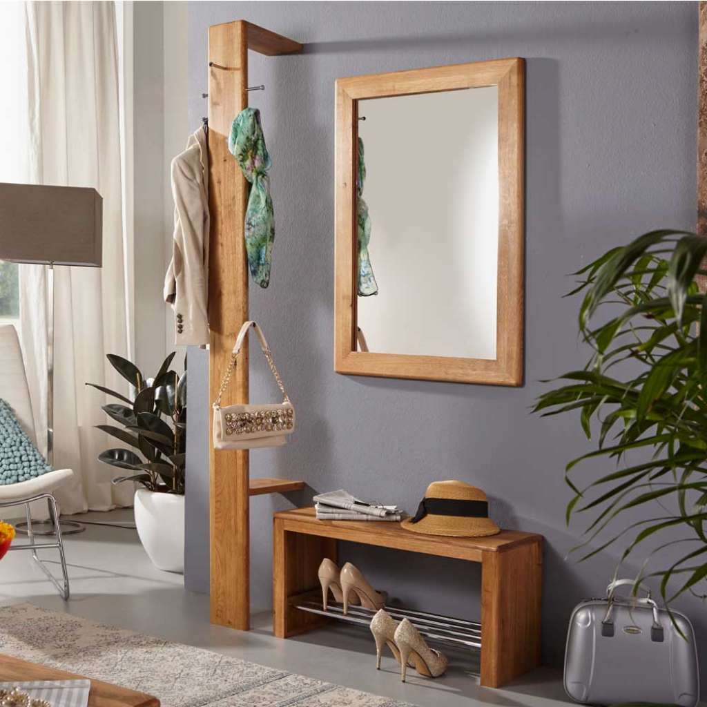 Garderobenmöbel Set mit Standgarderobe und Bank Wildeiche Massivholz (3-teilig)