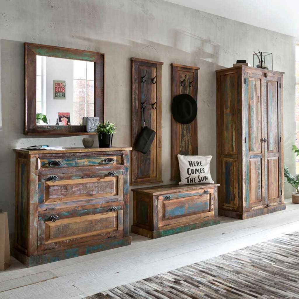 Garderobenmöbel im Shabby Chic Design Bunt Braun (6-teilig)