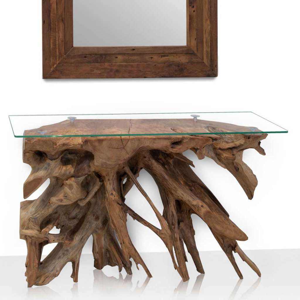 Glas Konsolentisch aus Teak Wurzelholz 140 cm