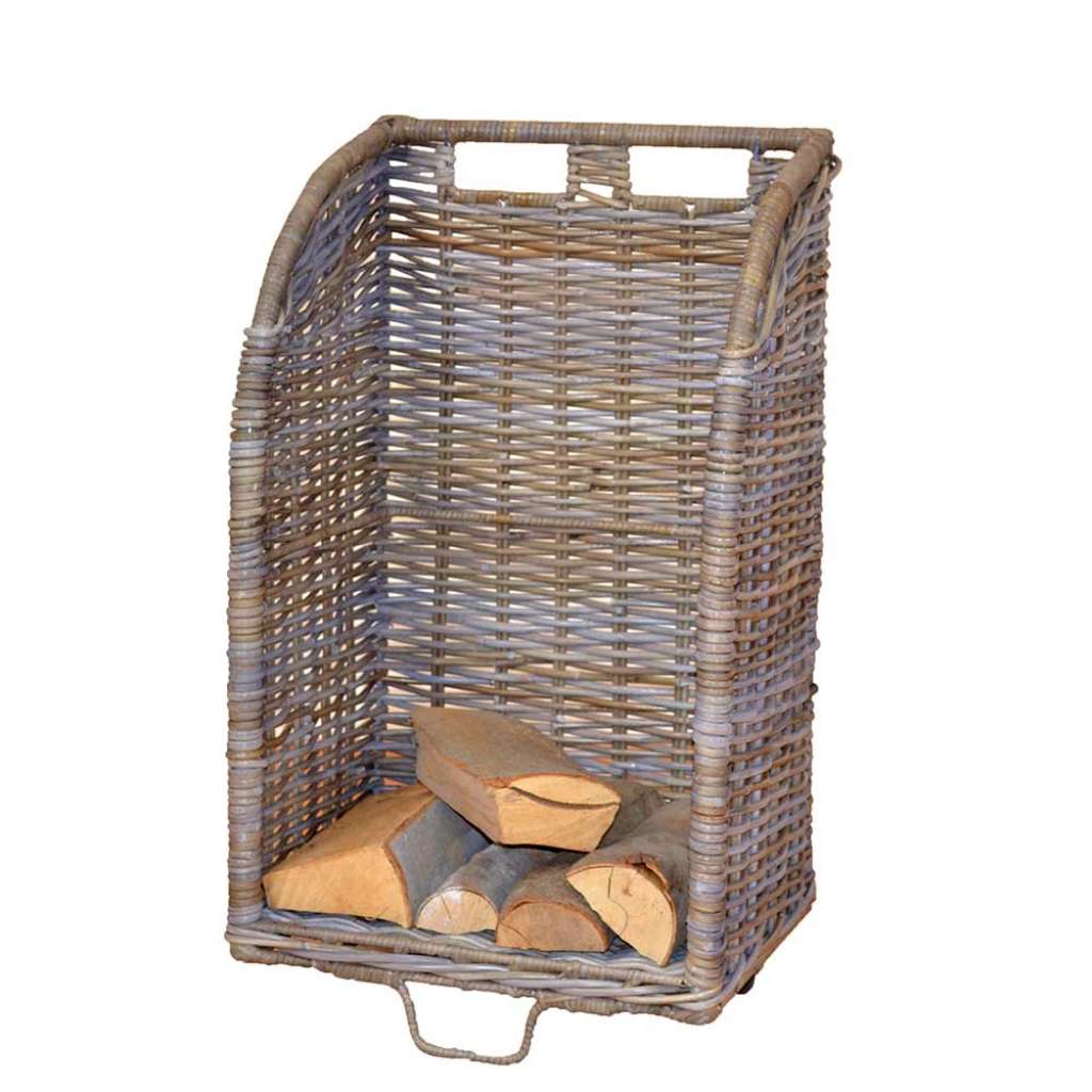 Rattan Kaminholzwagen in Grau Rollen
