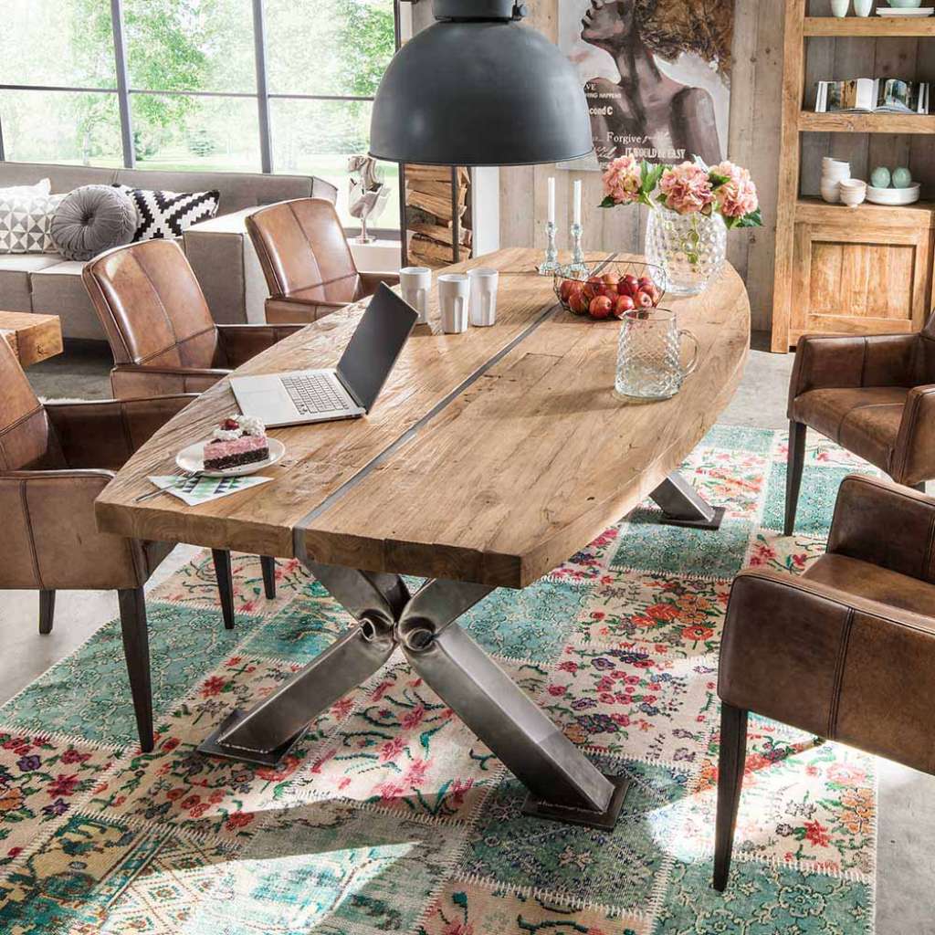 Designertisch aus Teak Recyclingholz Stahl