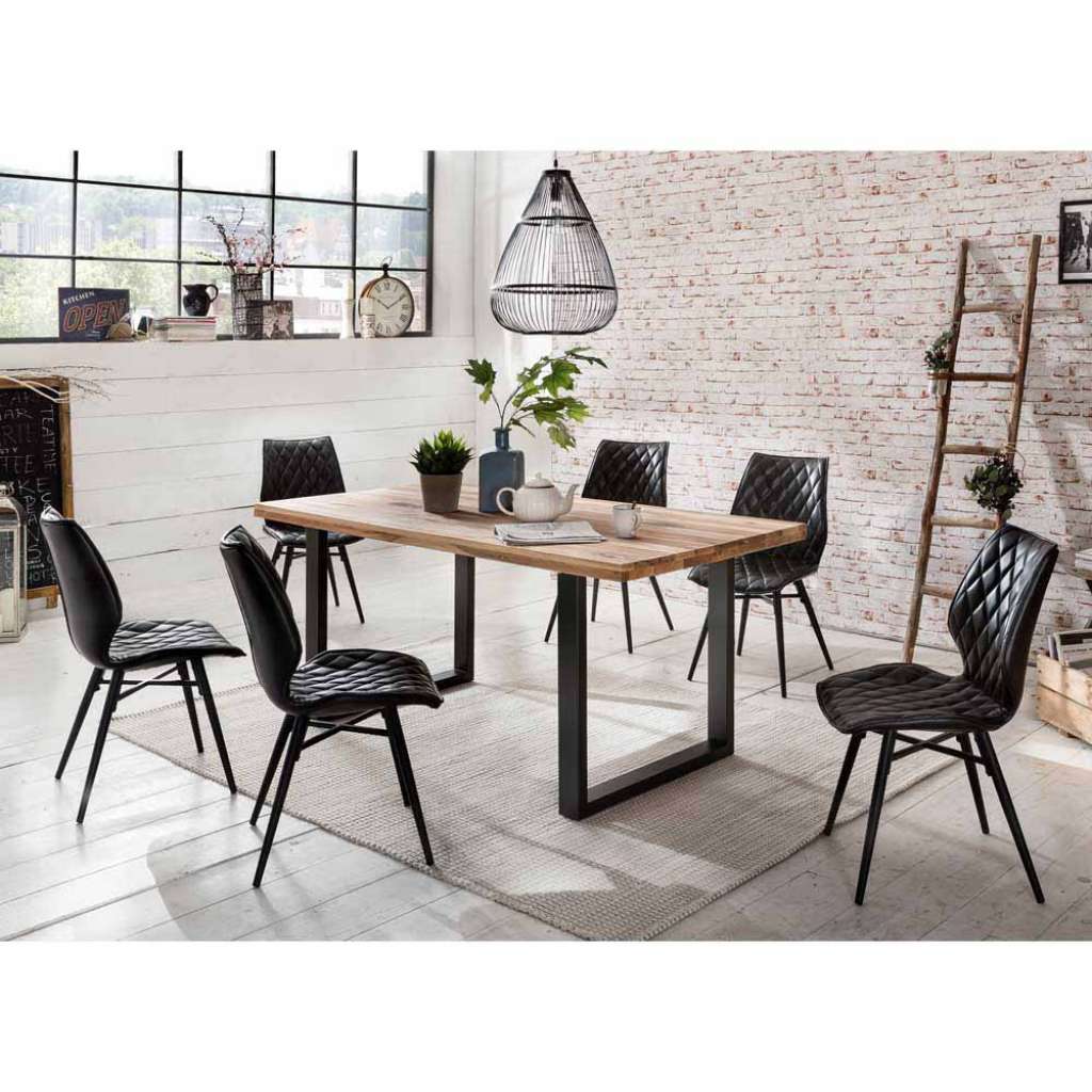 Design Essgruppe aus Eiche Massivholz Schwarz Kunstleder Loft (7-teilig)