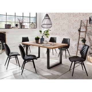 Design Essgruppe aus Eiche Massivholz Schwarz Kunstleder Loft (7-teilig)