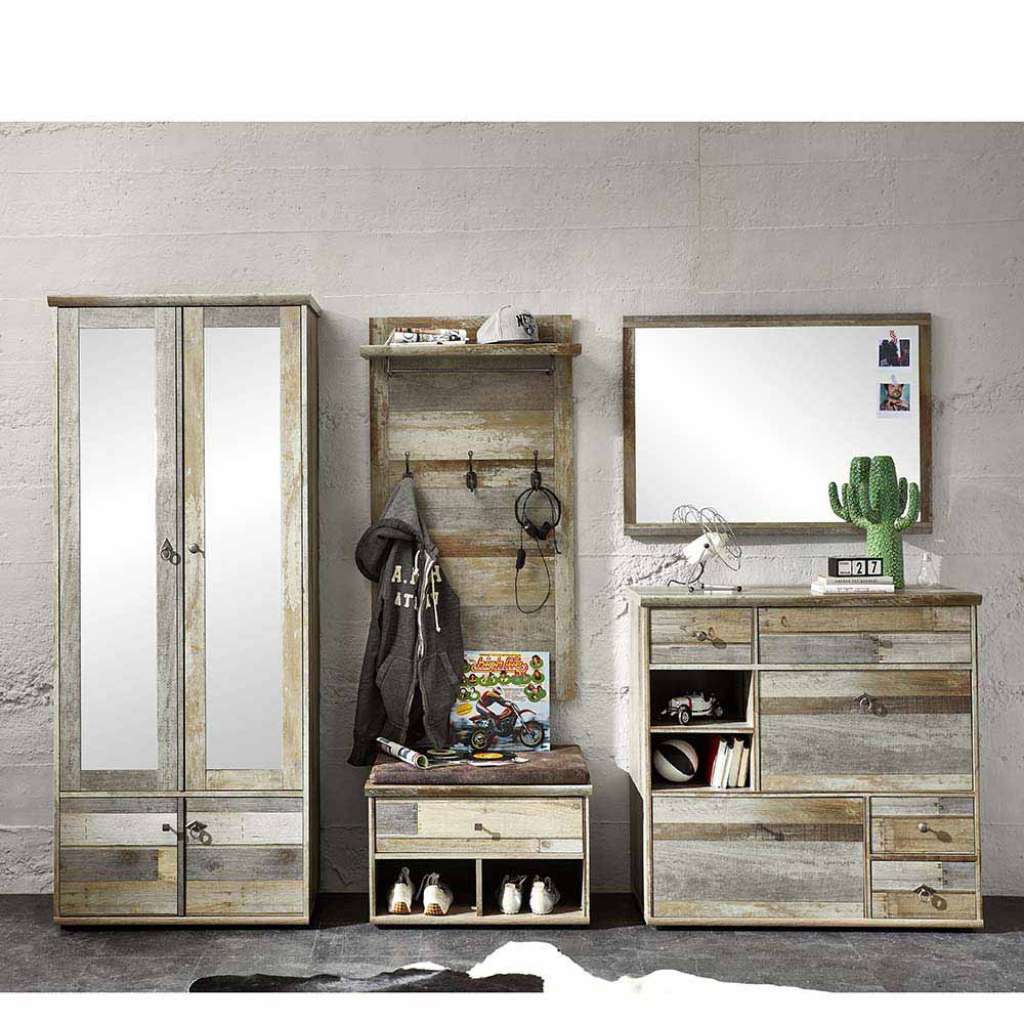 Design Garderobenmöbel in Grau Treibholz Dekor Shabby Chic (5-teilig)