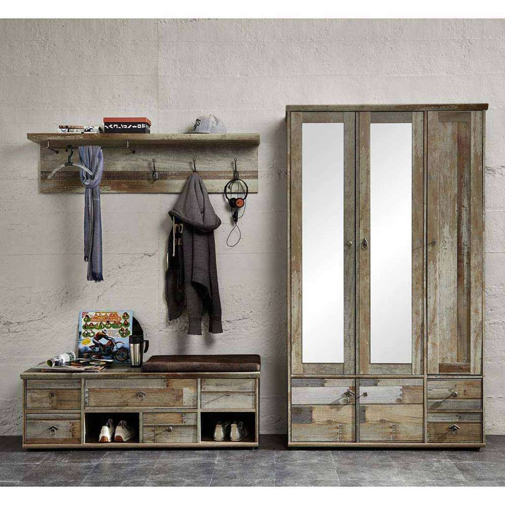 Garderobenkombination in Grau Treibholz Dekor Shabby Chic (3-teilig)