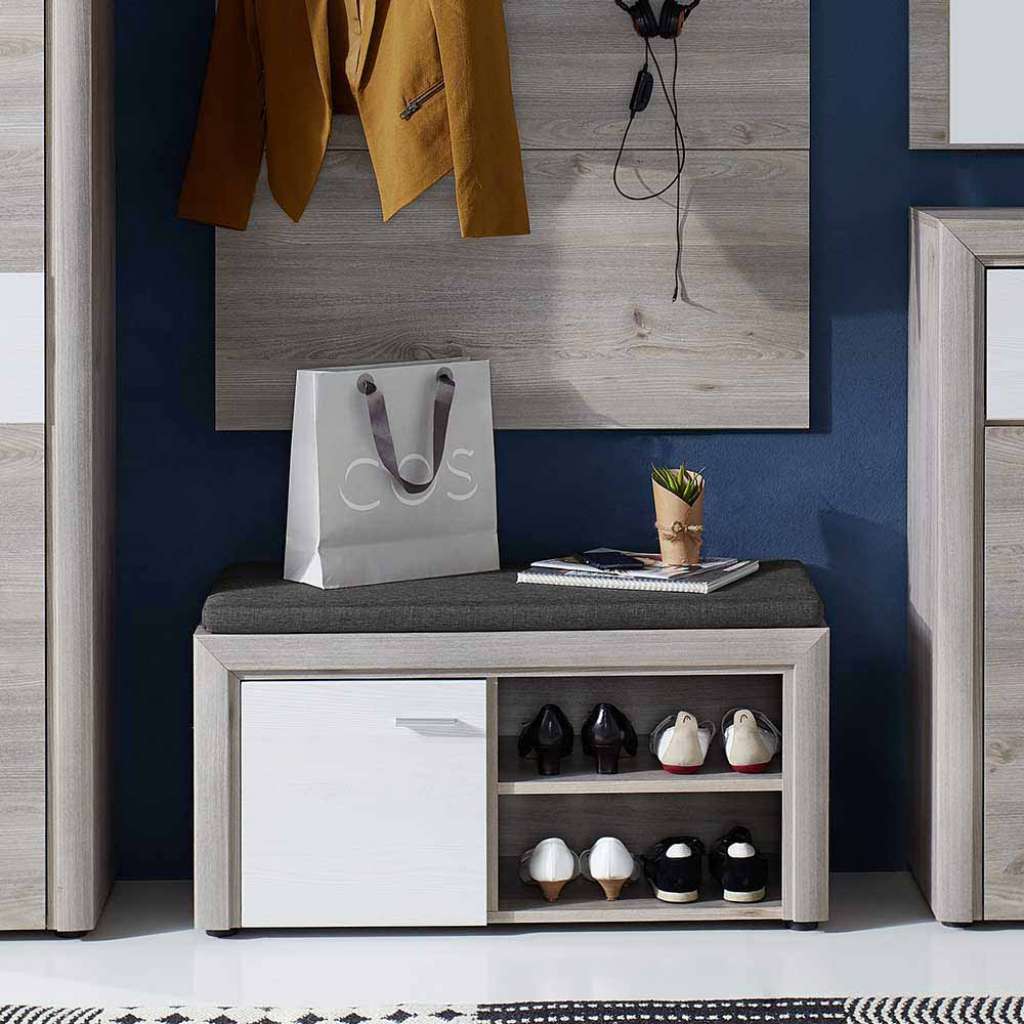 Garderobenbank mit Schuhablage Weiß Eiche Grau