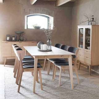 Essgruppe aus Eiche White Wash massiv Grau Stoff (7-teilig)
