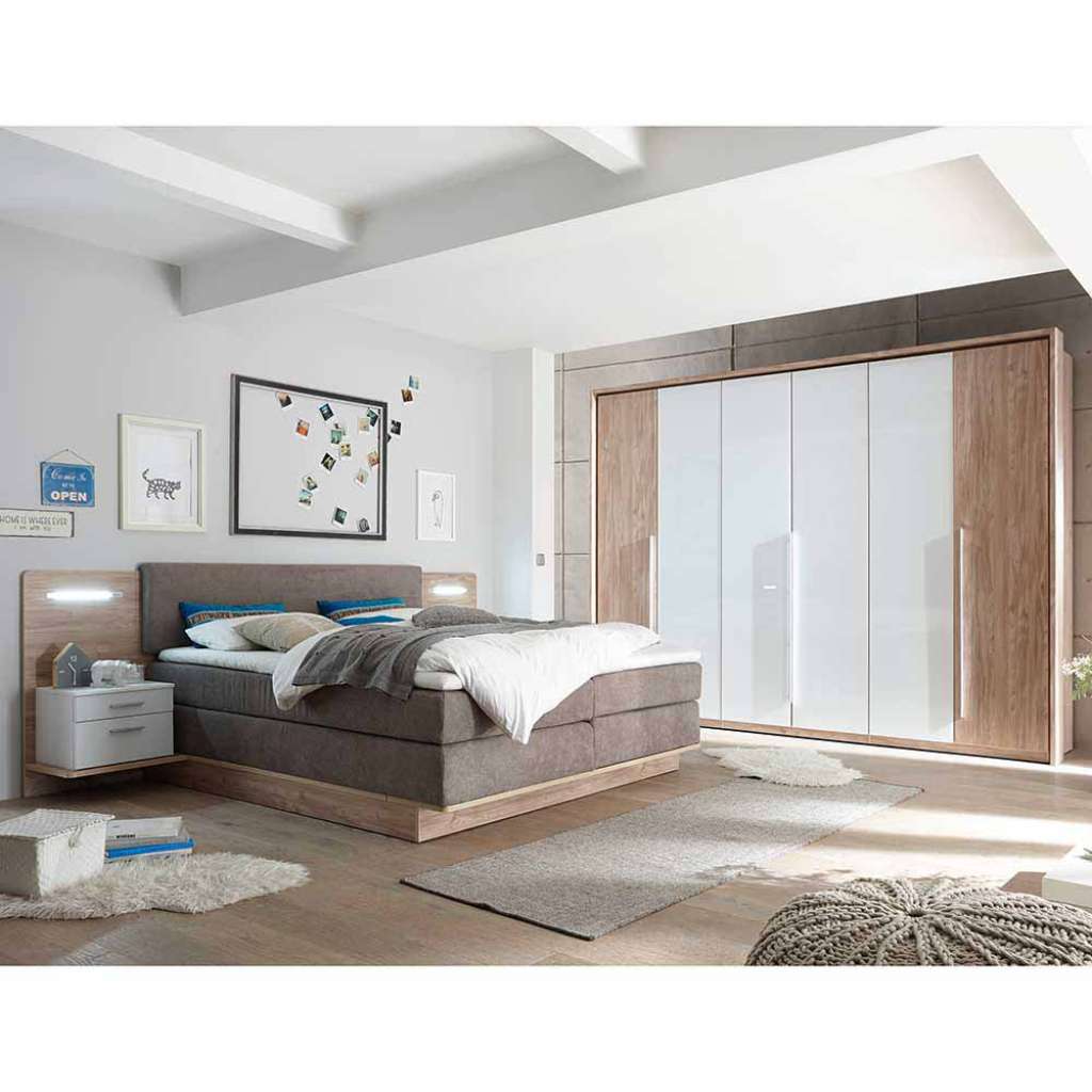 Schlafzimmer Einrichtung in Weiß Wildeiche mit amerikanischem Bett (4-teilig)