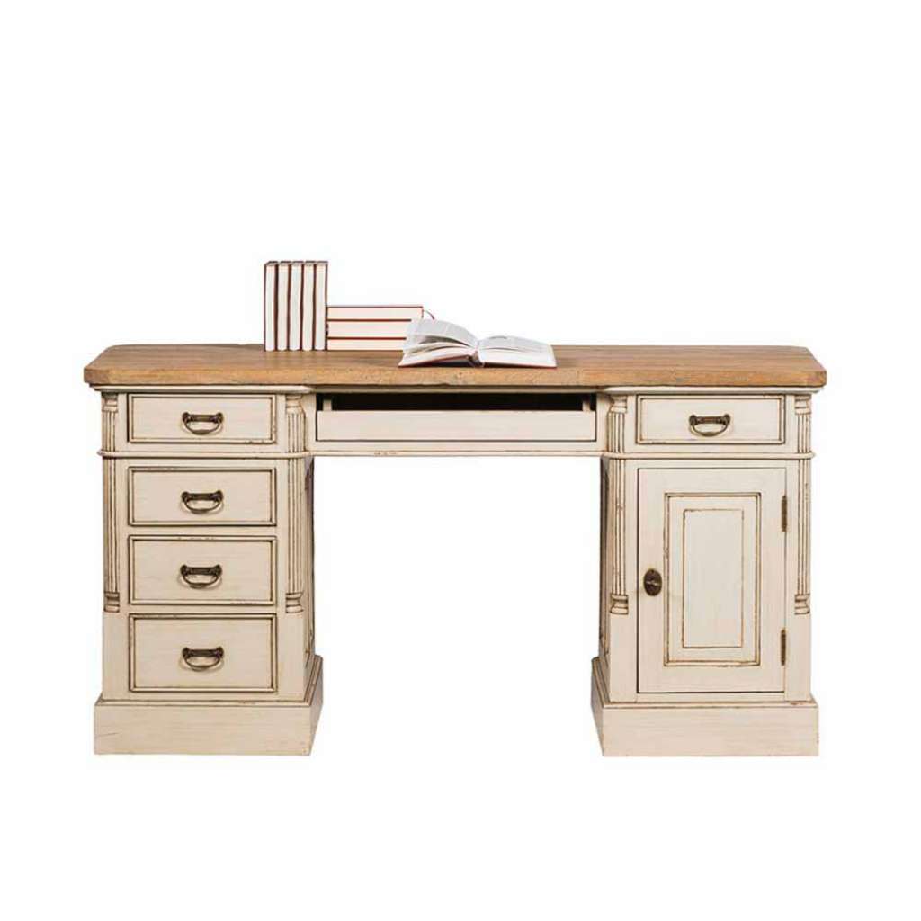 PC Schreibtisch in Creme Weiß Teakholz furniert