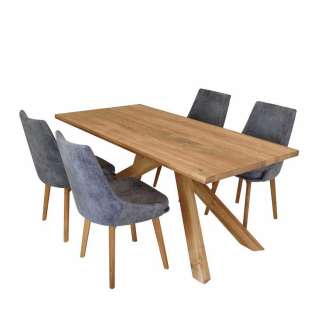 Esstisch mit Stühlen aus Wildeiche Massivholz Grau Microfaser (5-teilig)