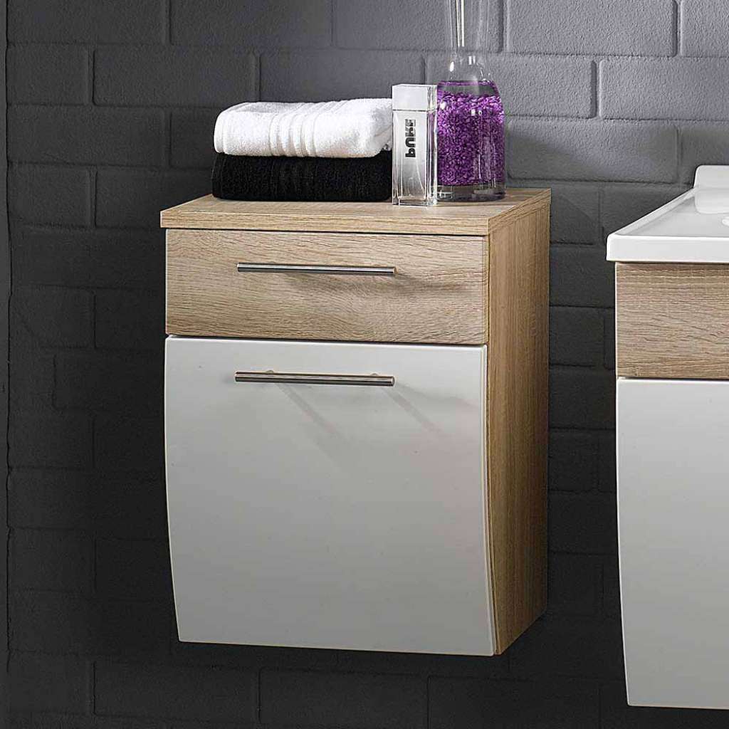 Badezimmer Unterschrank in Weiß Hochglanz Eiche Sonoma mit Klappe