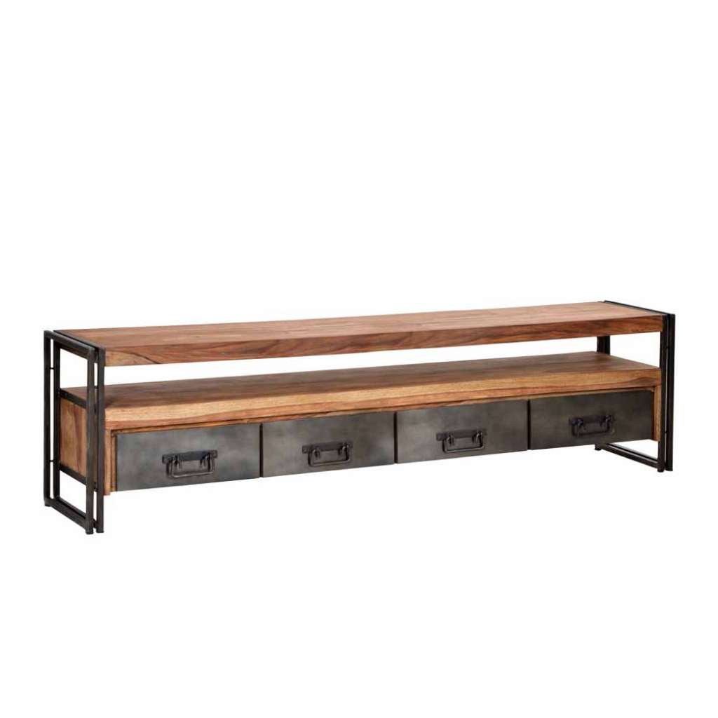 Loft TV Board aus Sheesham Massivholz Metall 200 cm breit