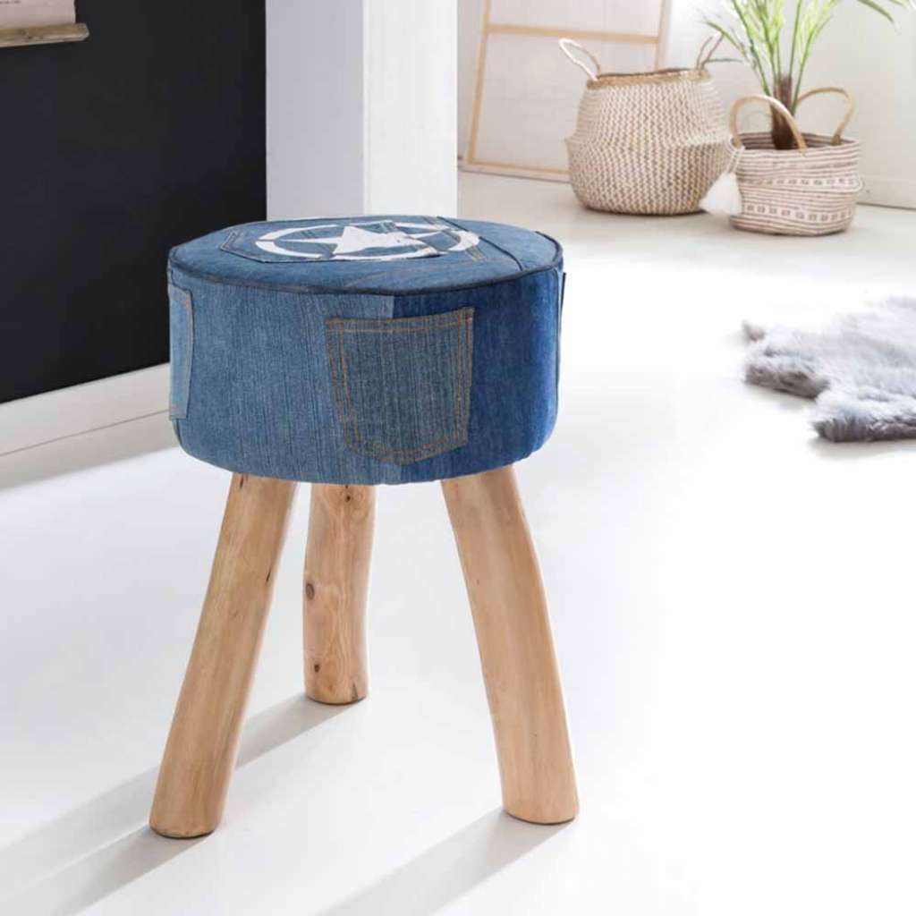 Vintage Hocker mit Jeans Stoff Holzbeine