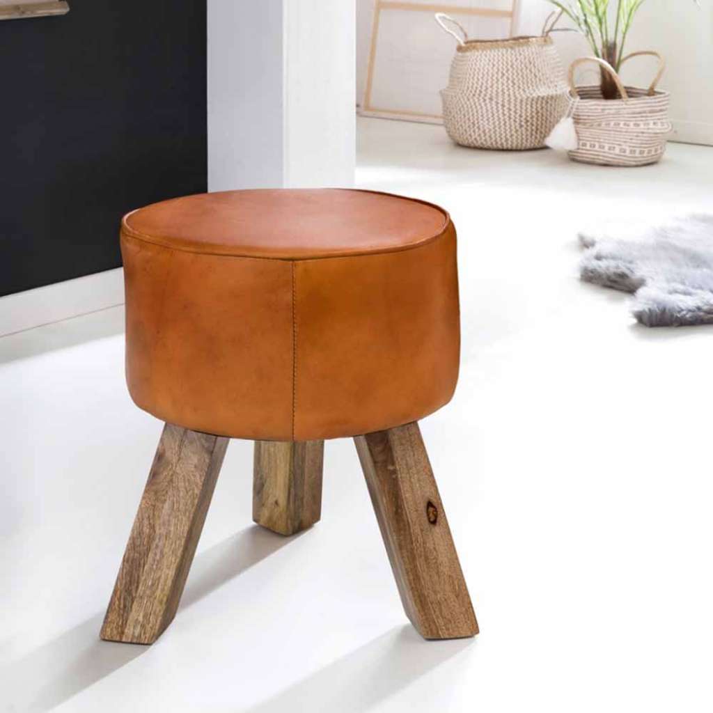 Sitzhocker in Braun Leder Holzbeine