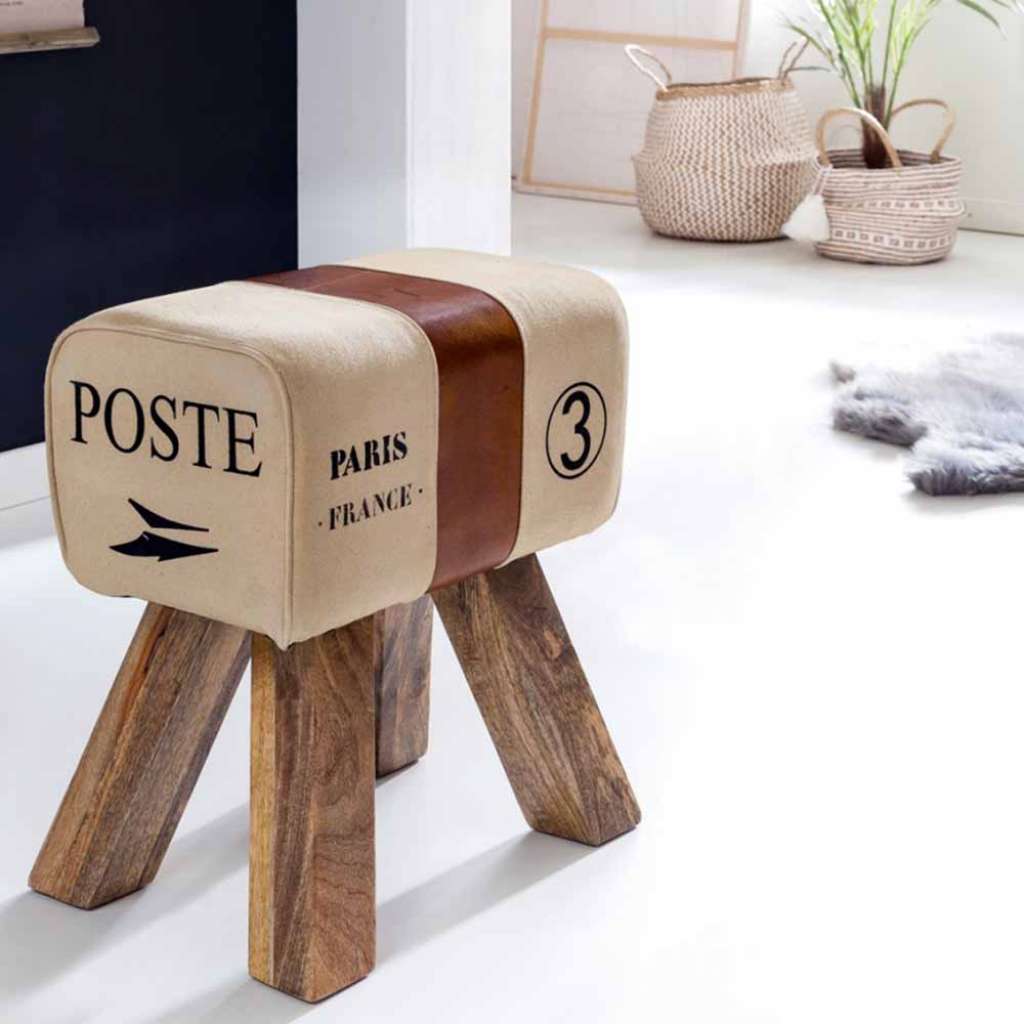 Hocker in Beige Braun Leder Leinen
