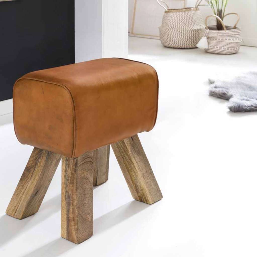 Retro Sitzhocker in Braun Leder Holzbeine