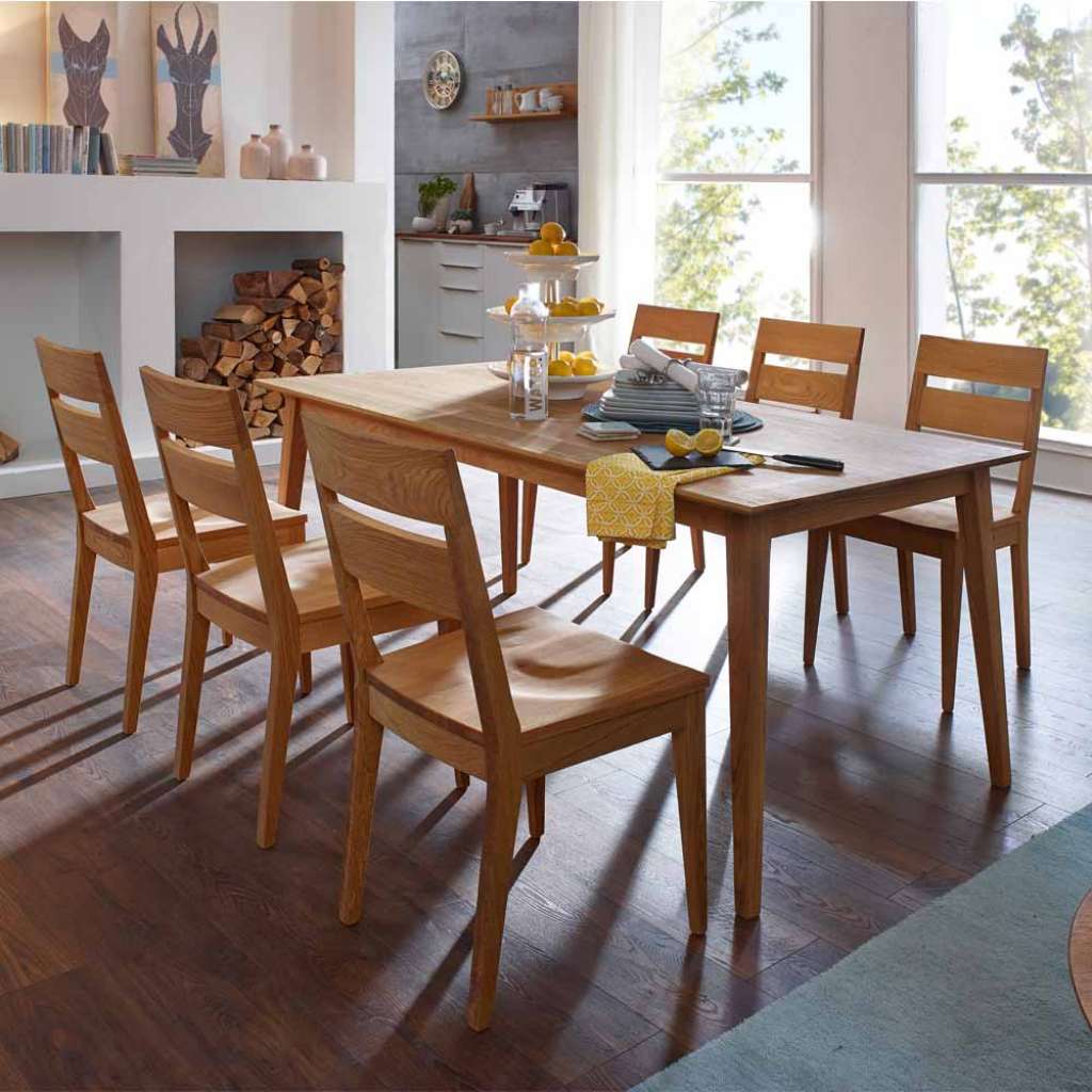 Massivholz Essgruppe aus Wildeiche geölt Tisch 180 cm (7-teilig)