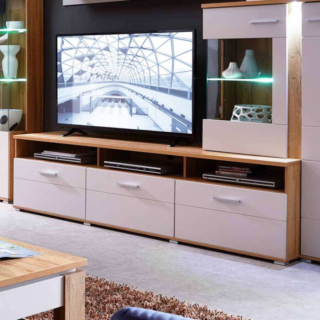 TV Board in Creme Weiß und Eiche 200 cm