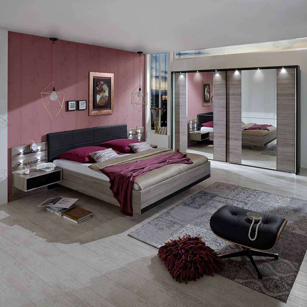 Schlafzimmer Einrichtung in Schwarz Eiche Schwebetürenschrank (4-teilig)