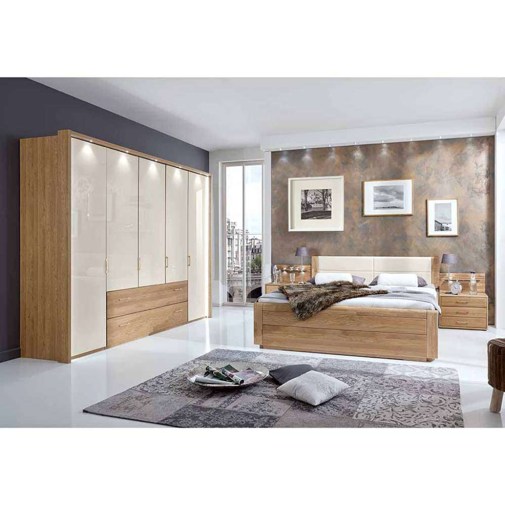 Schlafzimmer Einrichtung aus Eiche Creme Weiß Glas beschichtet (4-teilig)