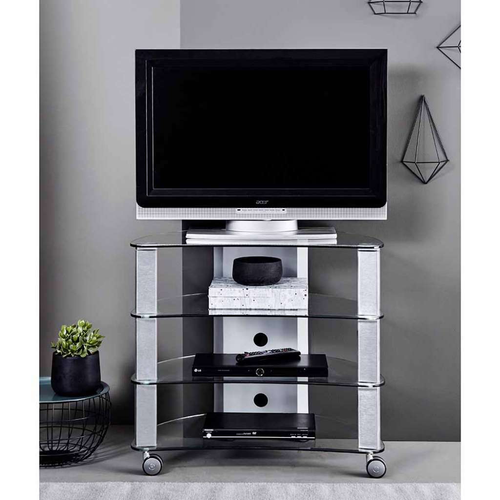 Rollen TV Tisch aus Aluminium Glas