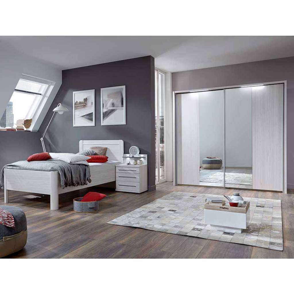 Schlafzimmerset mit Einzelbett Lärche Weiß (3-teilig)