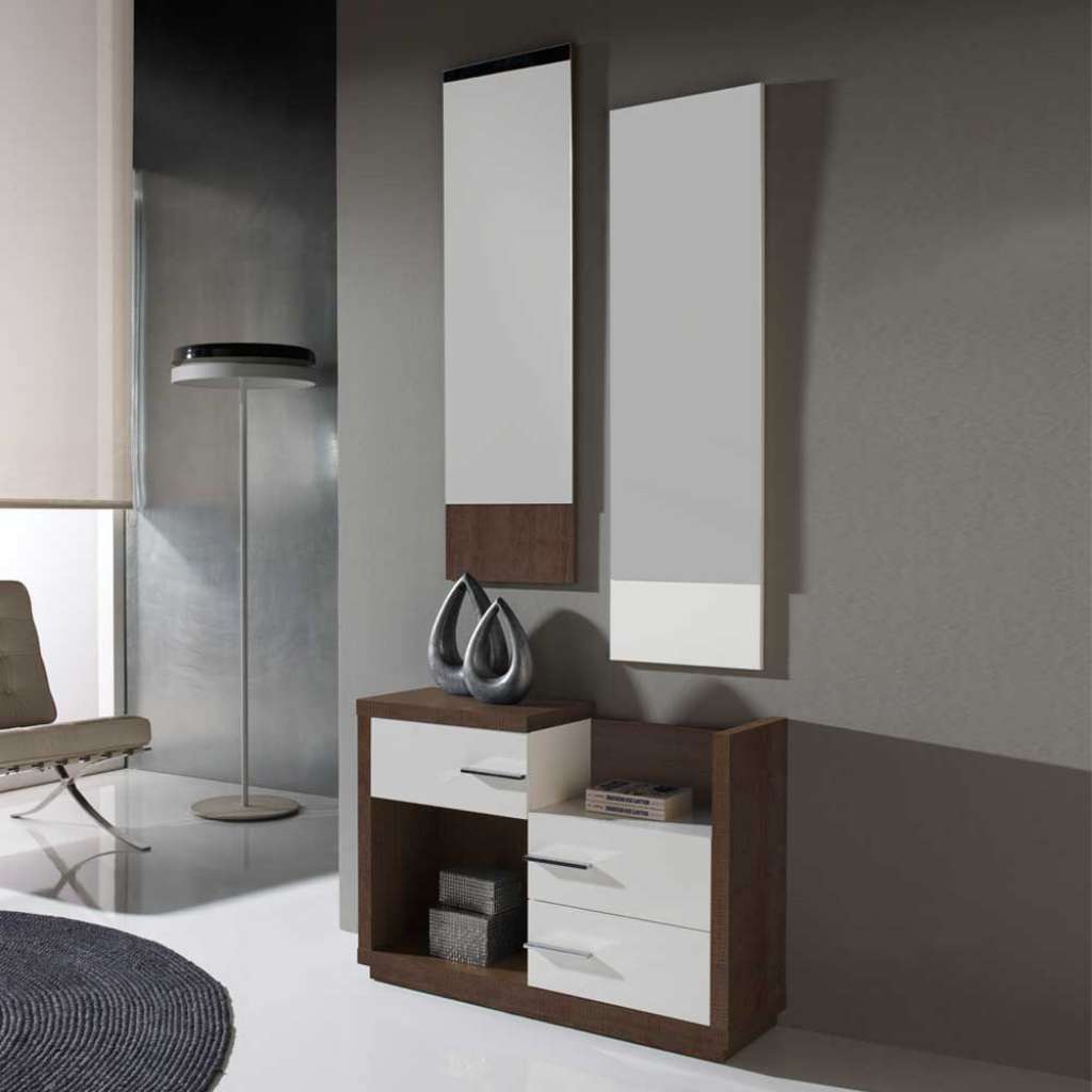Kommode und Spiegel in Weiß Hochglanz Braun modern (3-teilig)