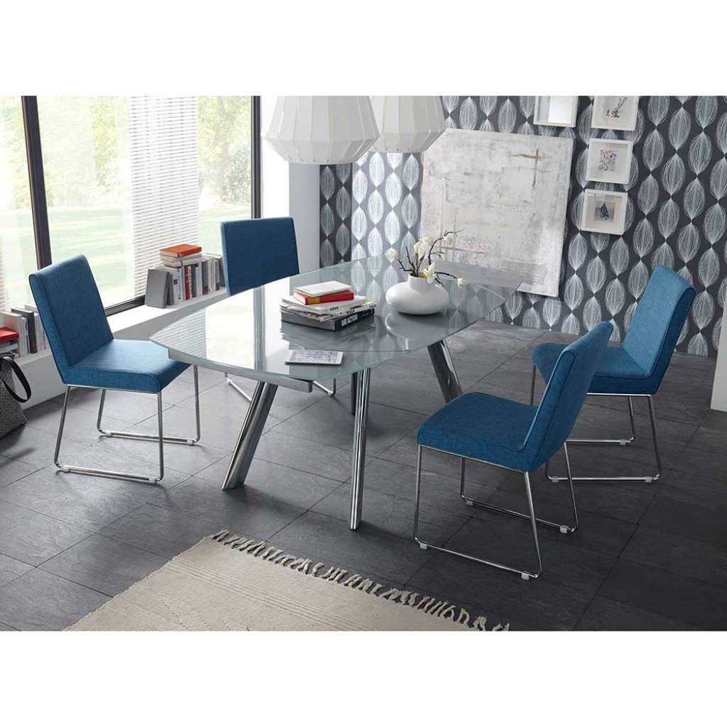 Essgruppe mit Glastisch Stühle in Blau Stoff (5-teilig)