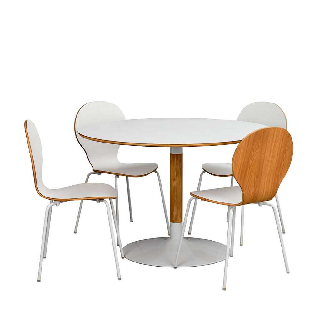 Essgruppe mit rundem Tisch und 4 Stühlen Weiß und Eiche (5-teilig)