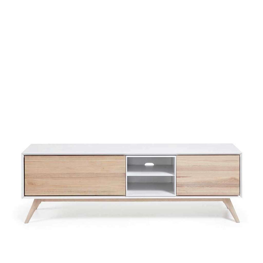 TV Board mit Klappen Weiß Esche furniert