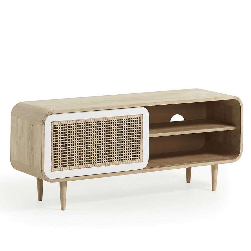 TV Board aus Holz massiv mit Rattan Geflecht Schiebetür
