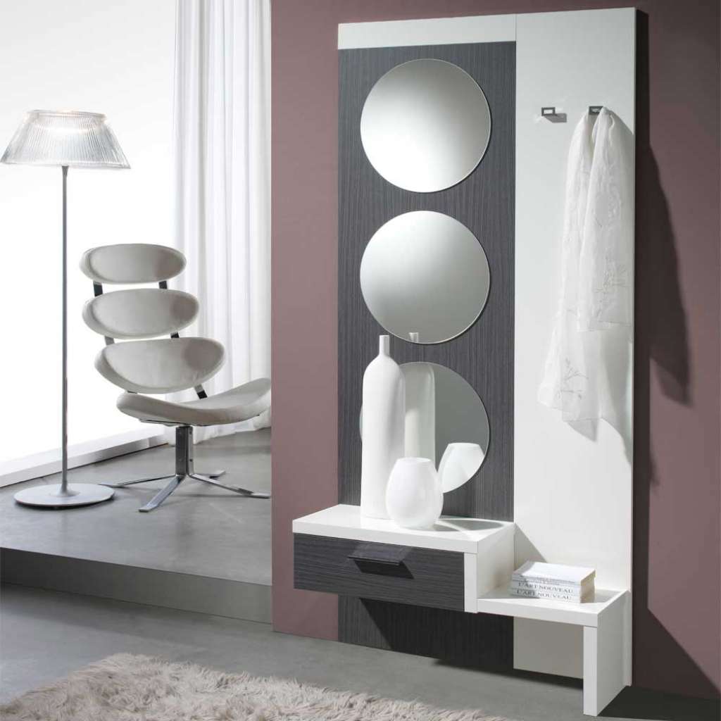Flurgarderobe in Weiß Hochglanz Grau mit Spiegeln rund