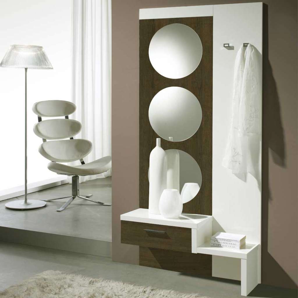 Design Garderobe mit runden Spiegeln Weiß Hochglanz Braun