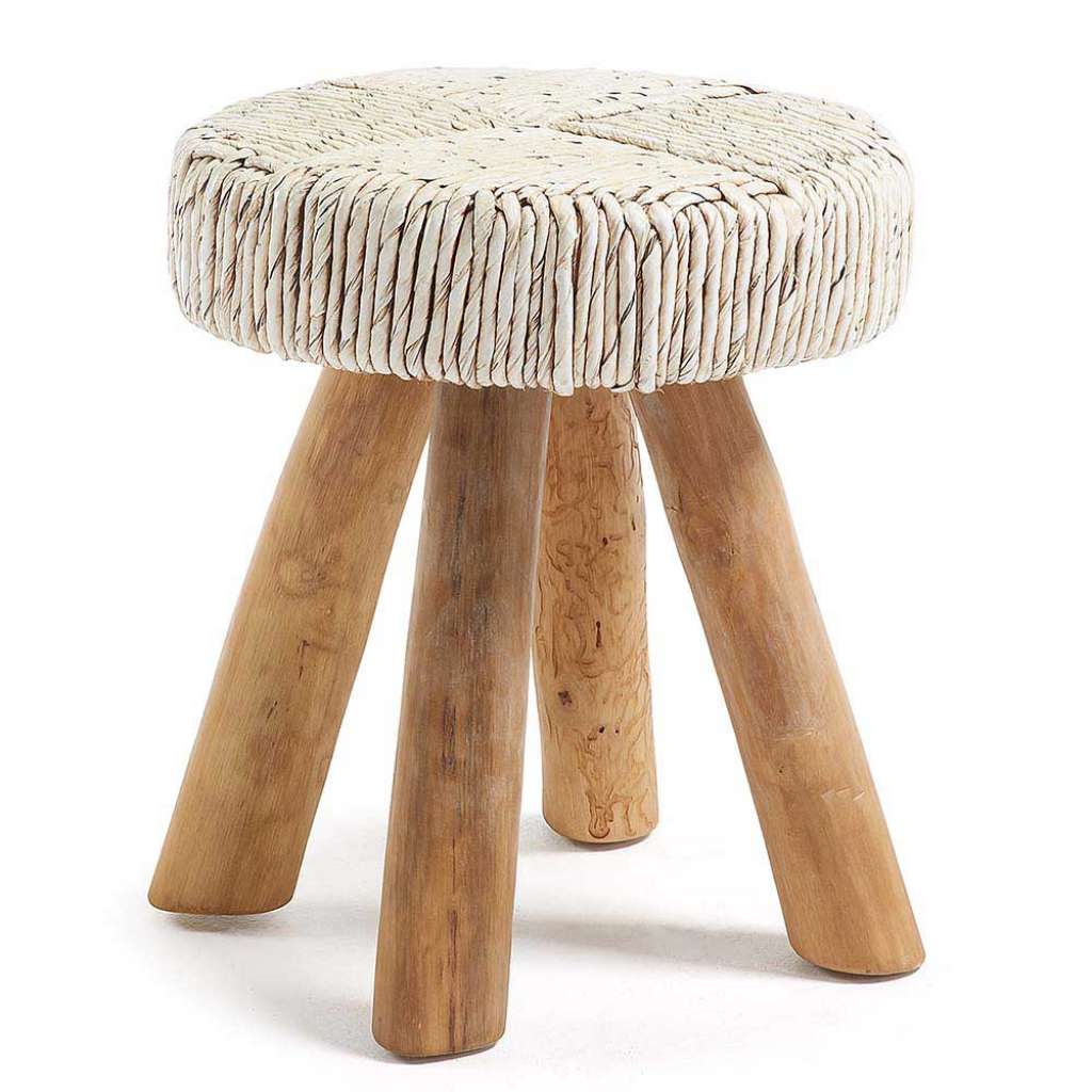 Runder Hocker aus Bananenblättern Teak Massivholz