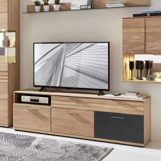 TV Unterschrank in Wildeiche Bianco und Dunkelgrau 180 cm breit