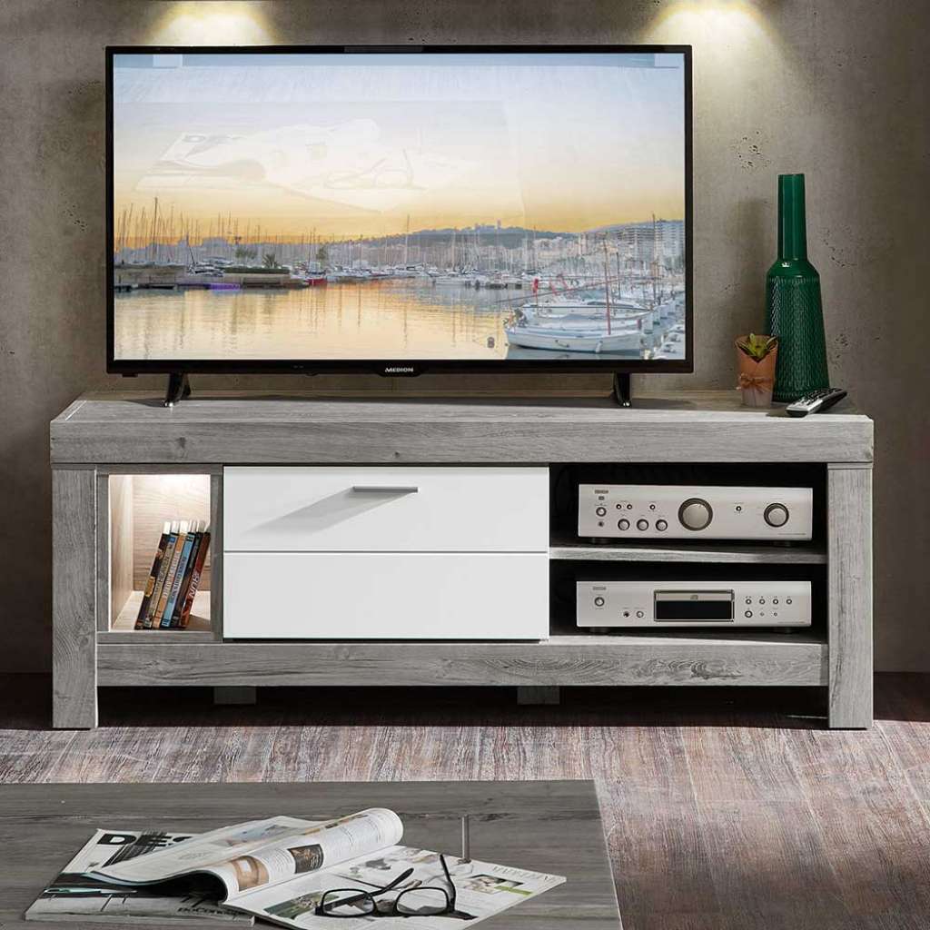 TV Board in Weiß und Eiche dunkel 150 cm breit
