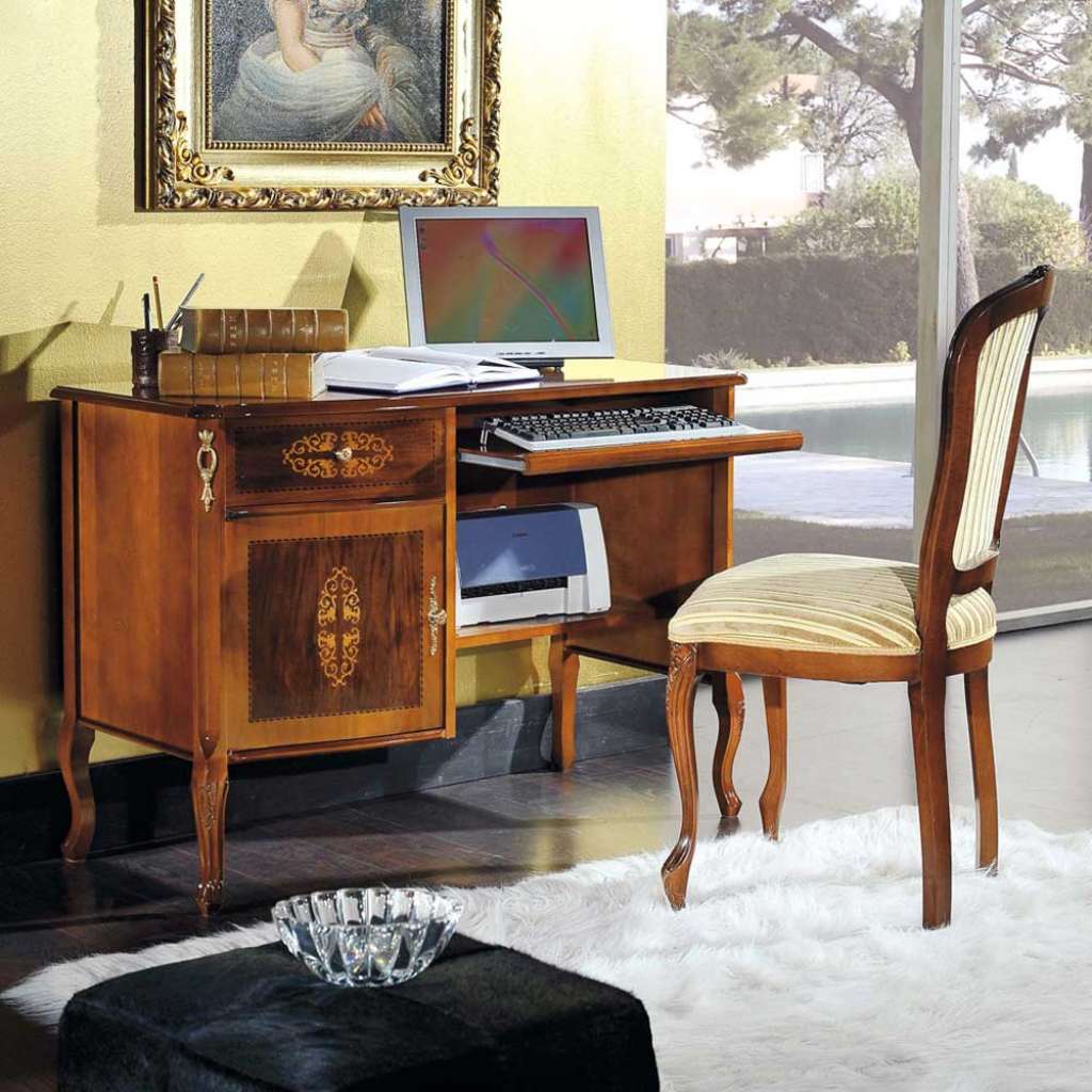 Barock Computertisch mit Polsterstuhl Nussbaum und Beige (2-teilig)