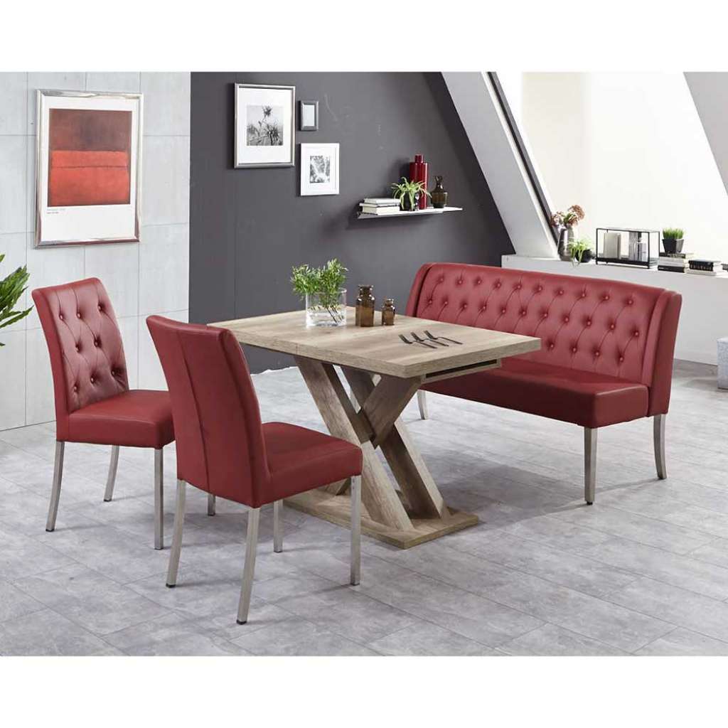 Esszimmer Sitzgruppe in Rot und Wildeiche ausziehbarem Tisch und Bank (4-teilig)