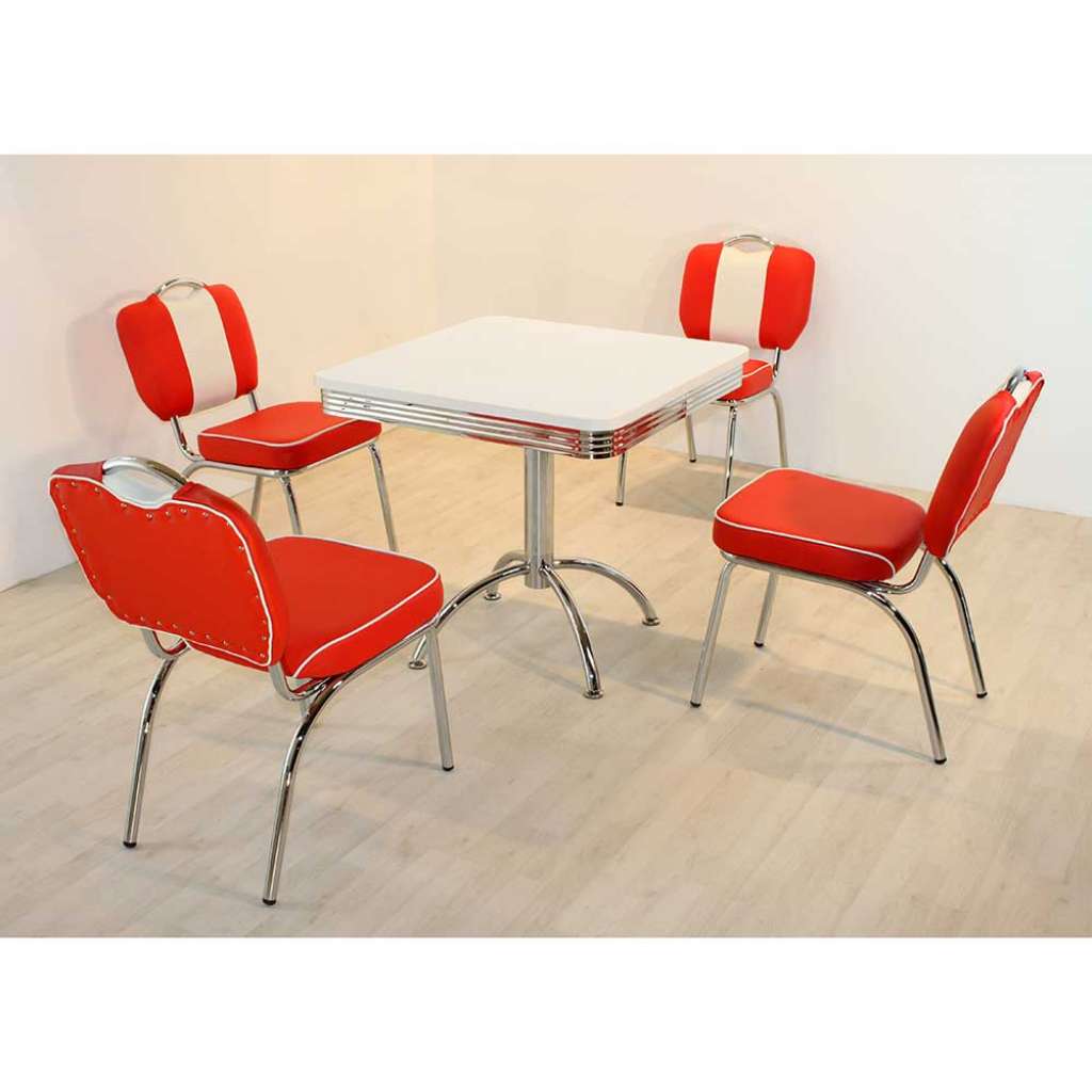 Retro Sitzgruppe in Rot Weiß gestreift 4 Stühlen (5-teilig)