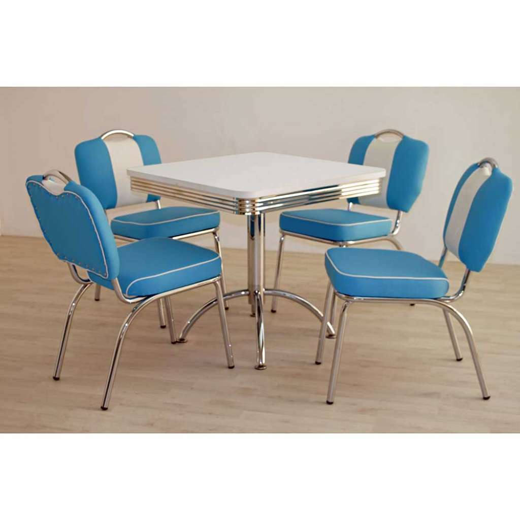 Esstisch mit 4 Stühlen in Blau Weiß gestreift Retro Look (5-teilig)