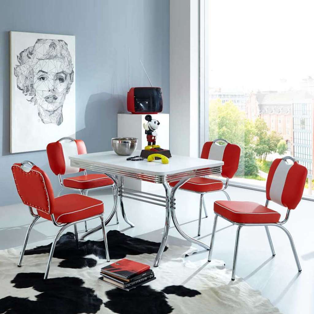 Tisch mit 4 Stühlen im Retro Style Rot Weiß gestreift (5-teilig)