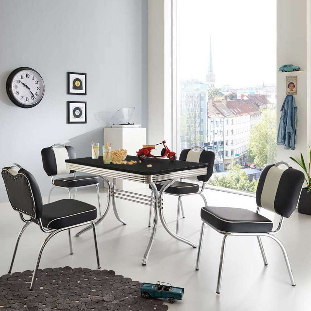 Tisch mit 4 Stühlen in Schwarz Weiß gestreift Retro Design (5-teilig)