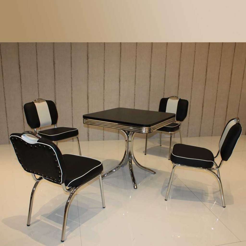 Esstisch mit Stühlen im Retro Design Schwarz Weiß gestreift (5-teilig)