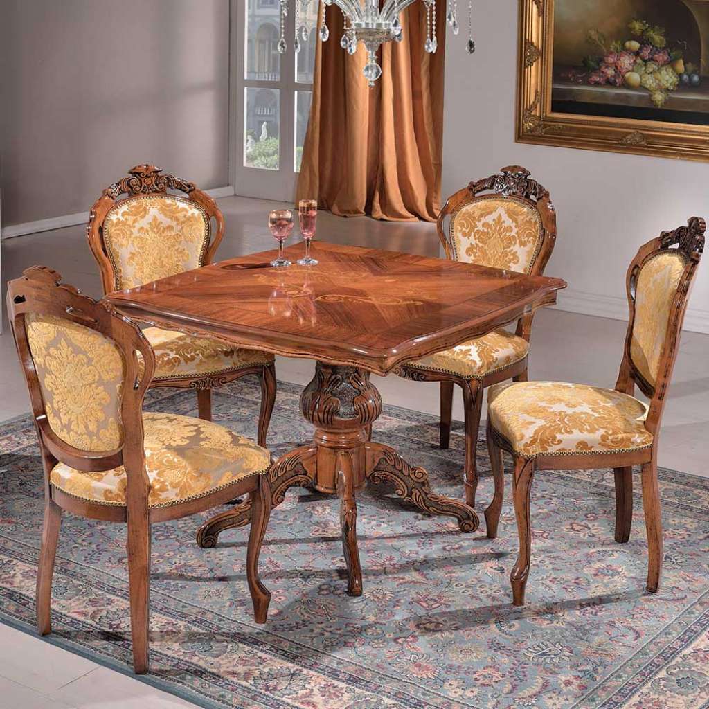 Barock Esstischgruppe in Beige gemustert und Nussbaum Tisch 95 cm breit (5-teilig)