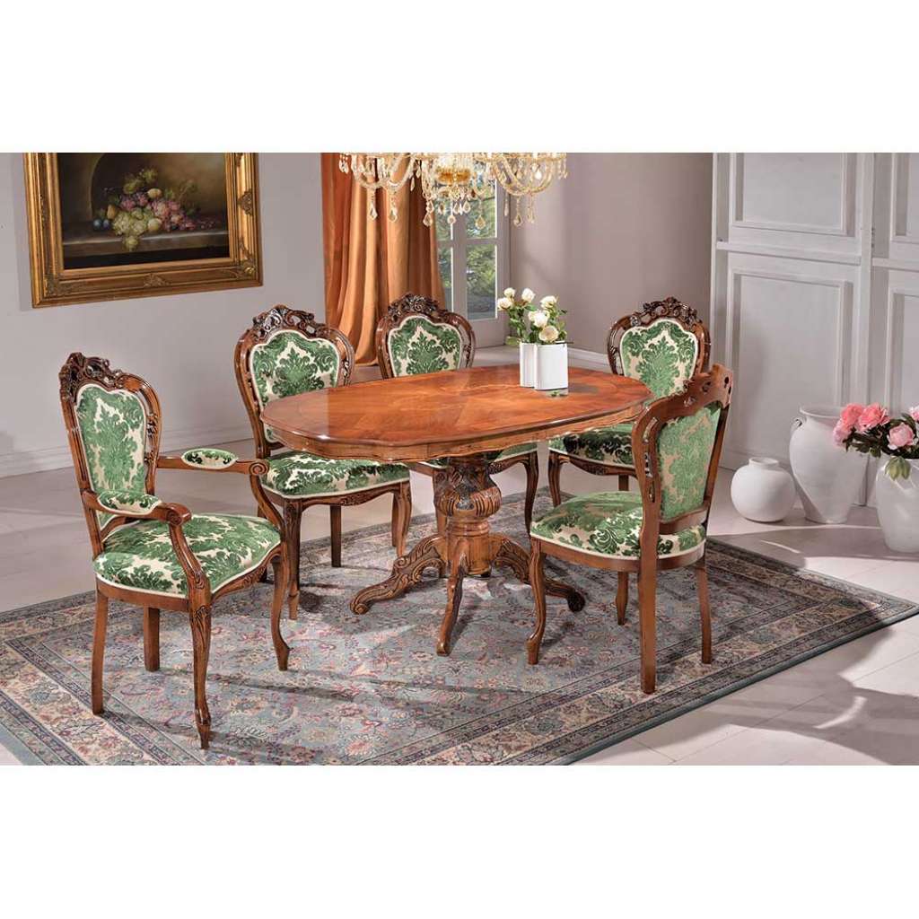 Barock Essgruppe in Grün gemustert Nussbaum furniert (6-teilig)